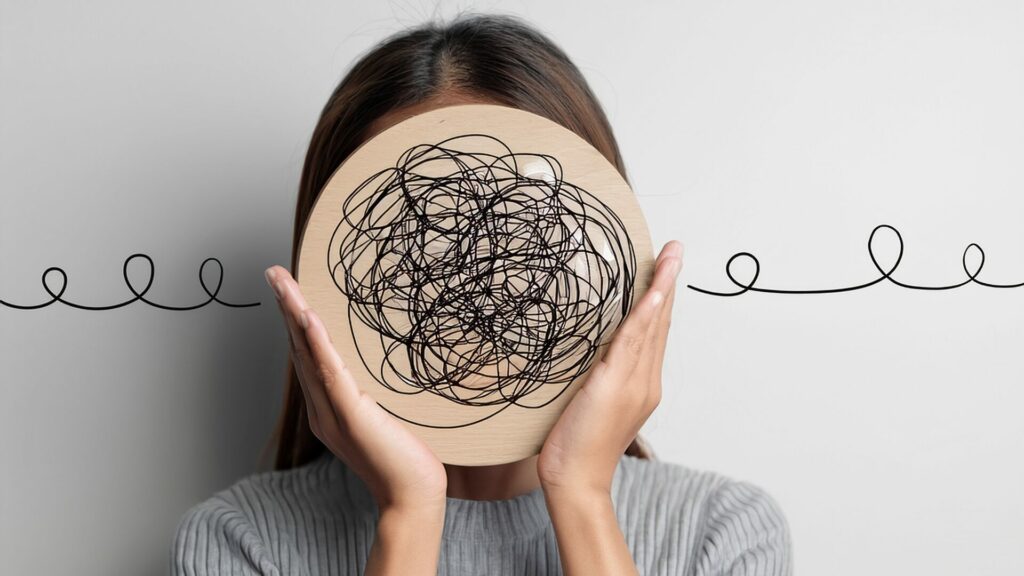 Visage recouvert d’encre de stylos bille symbolisant la charge mentale, la surcharge de pensées et le stress chronique, illustrant l’accompagnement LaserAddict pour apaiser le mental et prévenir l’épuisement.