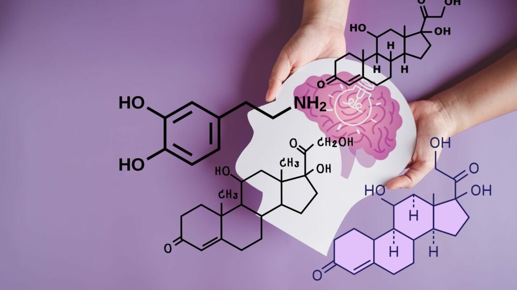 Illustration d’un cerveau tenu dans une main, avec des symboles chimiques montrant les réactions neurochimiques du stress et des addictions, incluant dopamine et cortisol.