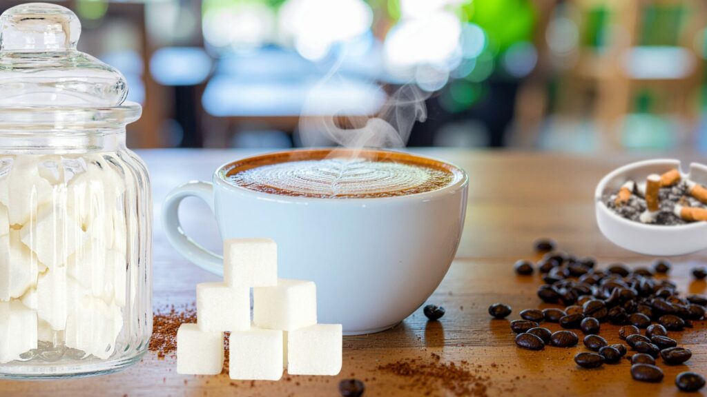 Café, sucre et cigarette dans un cendrier symbolisant les addictions croisées et l’approche globale de LaserAddict pour s’en libérer
