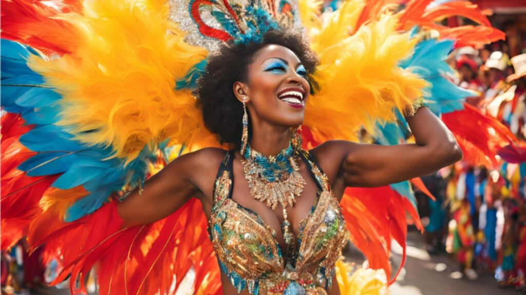 Antillaise rayonnante en tenue de carnaval colorée en Martinique, symbole de confiance, d’énergie et de bien-être. Préparez votre Carnaval Body avec l’accompagnement bien-être LaserAddict Martinique.